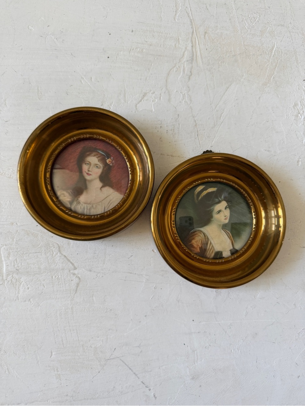 Vintage Midcentury Gold Round Framed Miniature Portrait of Victorian Ladies